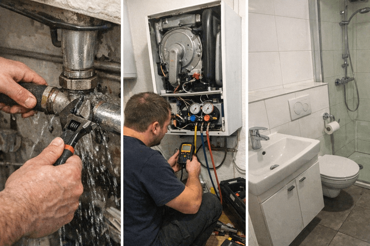 Kollage aus Rohrreparatur, Heizungsservice und Badsanitär