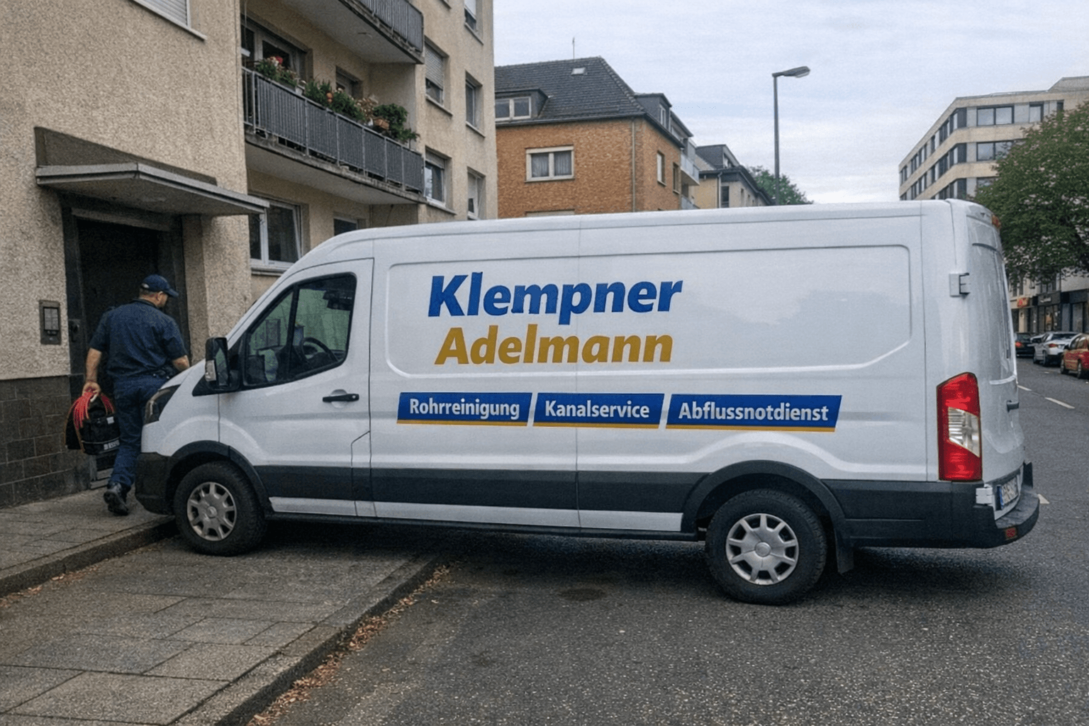 Servicefahrzeug im Wohngebiet für Sanitär-Einsätze