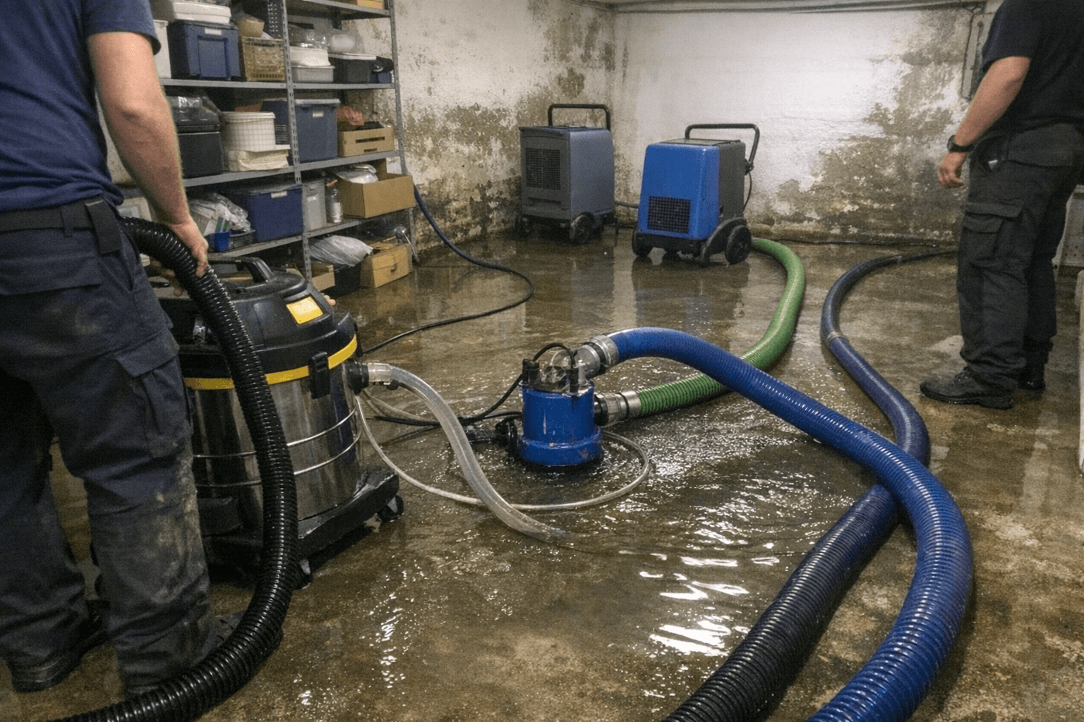 Fachgerechter Einsatz eines Nasssaugers zur Beseitigung von stehendem Wasser im Kellergeschoss
