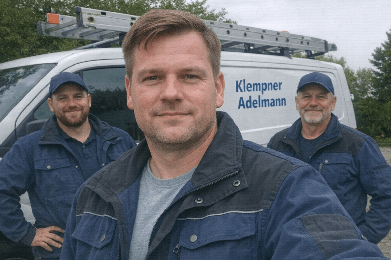 Freundliches Team von Klempner Adelmann vor dem Servicefahrzeug.