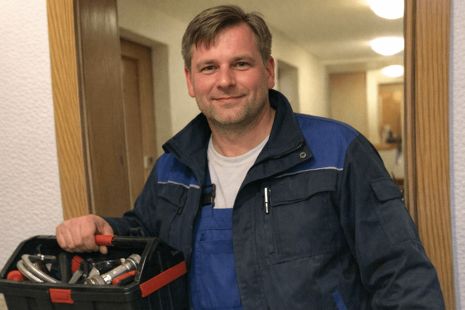 Zwei erfahrene Installateure bei der konzentrierten Arbeit an einer Heizungsanlage