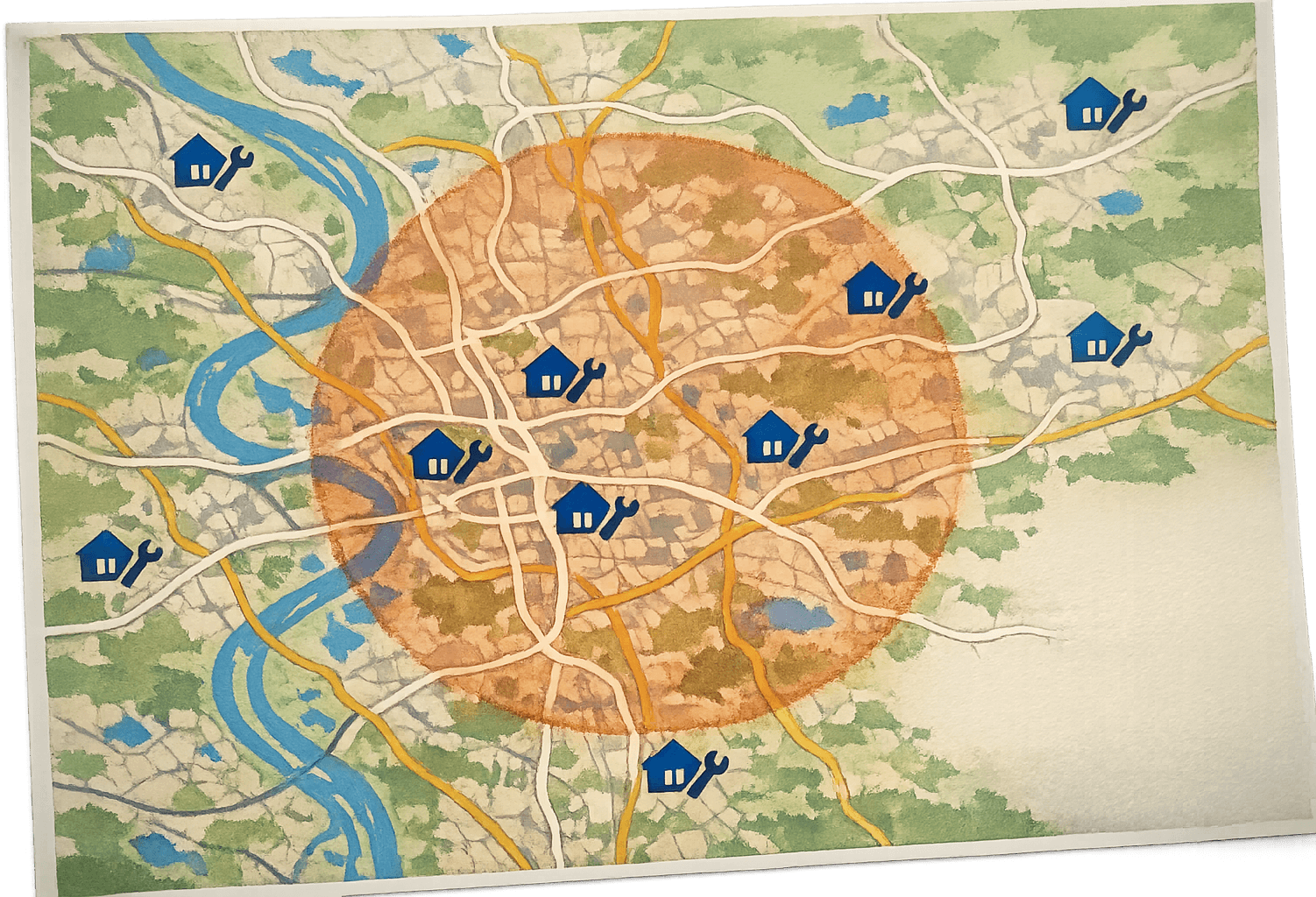 Karte des Rohrnotdienst-Einsatzgebiets um Düsseldorf mit markiertem Betriebsradius.