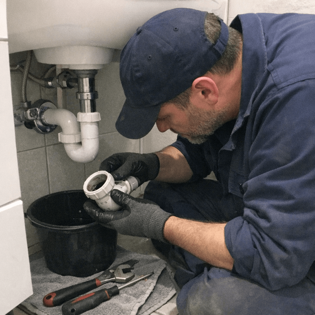 Nahaufnahme moderner Sanitärwerkzeuge im aktiven Einsatz bei einer Reparatur