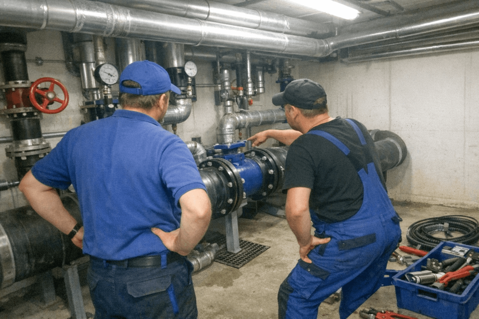 Gewerbliche Sanitärinstallation mit großen sichtbaren Rohren in sauberem Technikraum für professionelle Gebäudetechnik