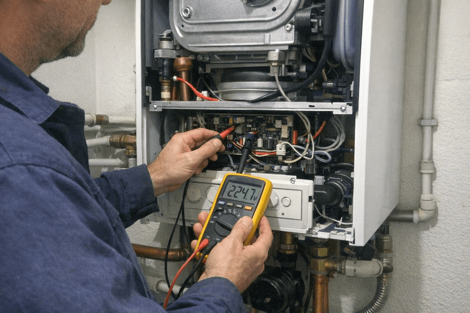 Geöffnete Verkleidung einer Gastherme, an der ein Klempner mit einem Messgerät arbeitet