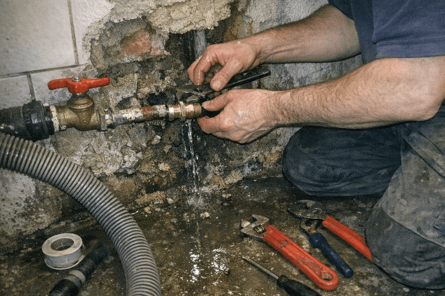 Freigelegtes, stark verkalktes und geplatztes Wasserrohr in einer Badezimmerwand