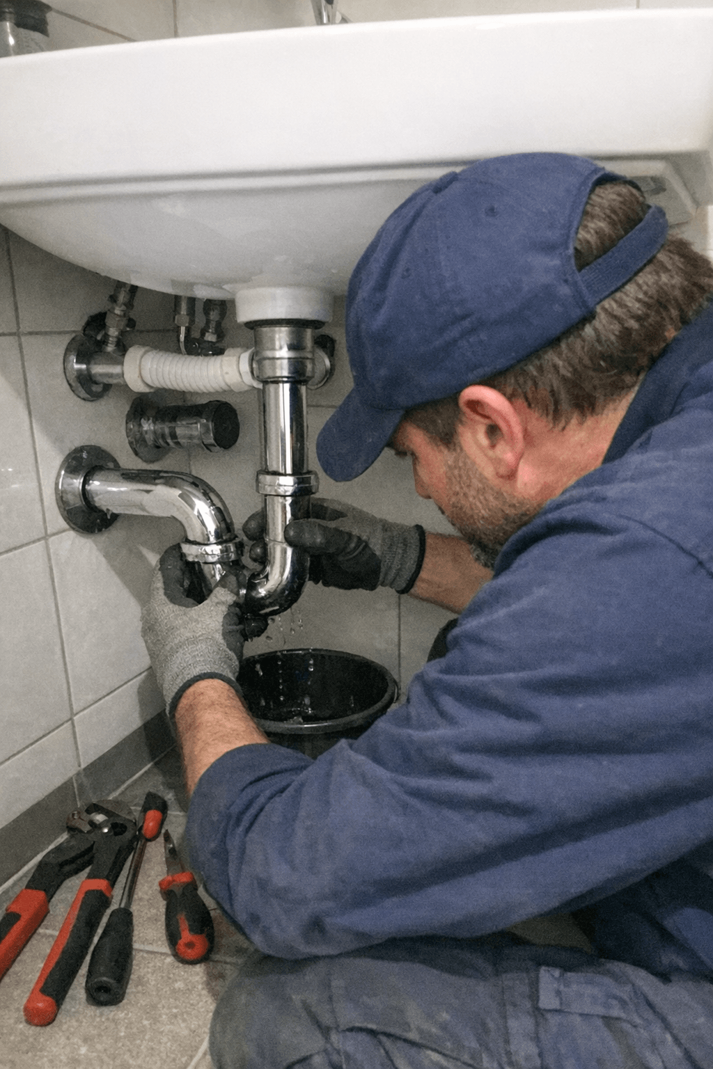Monteur reinigt den Siphon eines Waschbeckens